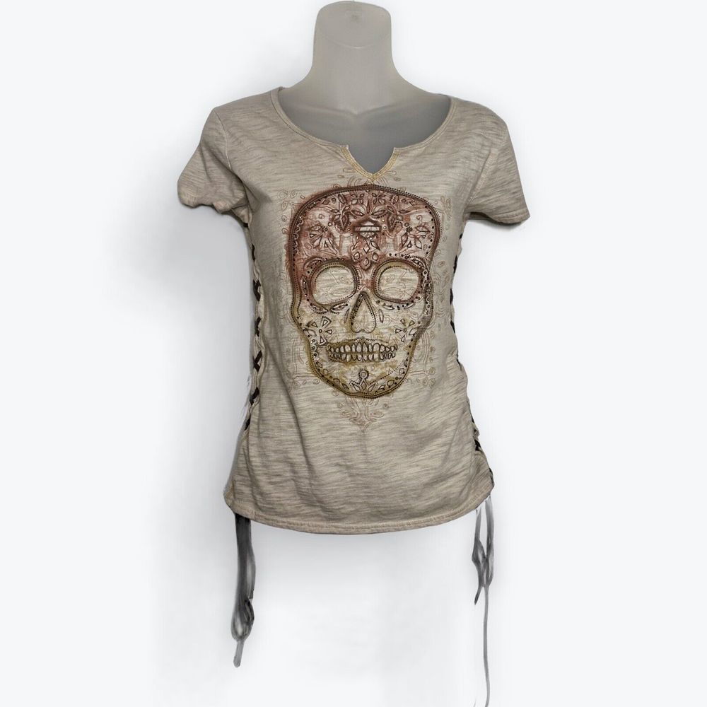 Harley Davidson Women’s Rhinestone Skull Biker Tee Short Sleeve Size Small Y2k